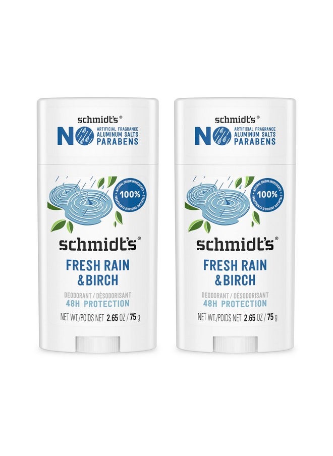 Schmidt's Aluminum-Free Vegan Deodorant Fresh Rain & Birch with 24 Hour Odor Protection, 2 Count for Women and Men, Natural Ingredients, Cruelty-Free, 2.65 oz