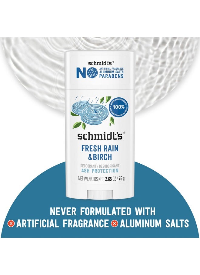Schmidt's Aluminum-Free Vegan Deodorant Fresh Rain & Birch with 24 Hour Odor Protection, 2 Count for Women and Men, Natural Ingredients, Cruelty-Free, 2.65 oz
