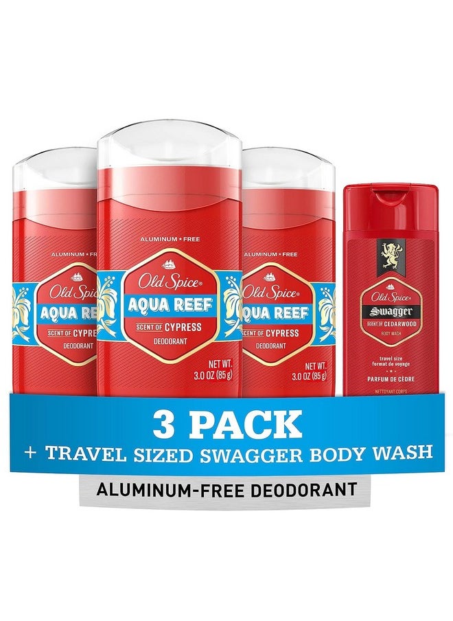 Old Spice Men's Deodorant Aluminum-Free Aqua Reef, 3.0oz Pack of 3 with Travel-Size Swagger Body Wash