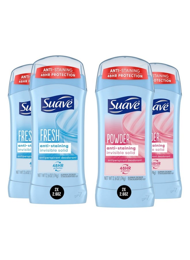 Suave Deodorant Women, Antiperspirant, Powder and Fresh Bundle, 48-Hour Odor & Wetness Protection, with Essential Oils, anti-staining, no baking soda Bundle 4 x 2.6 oz