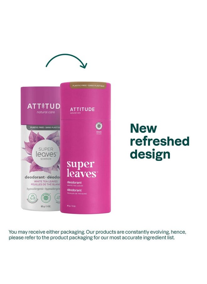 ATTITUDE Plastic-Free Deodorant, EWG Verified, Aluminum Free, Vegan Naturally Sourced Body Deodorants for Women & Men, Dermatologically Tested, White Tea Leaves, 3 Ounces