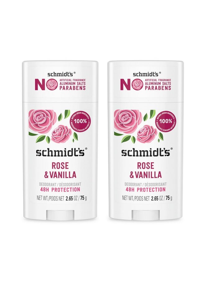 Schmidt's Aluminum-Free Vegan Deodorant Rose & Vanilla with 24 Hour Odor Protection 2 Count for Women and Men, Natural Ingredients, Cruelty-Free, 2.65 oz