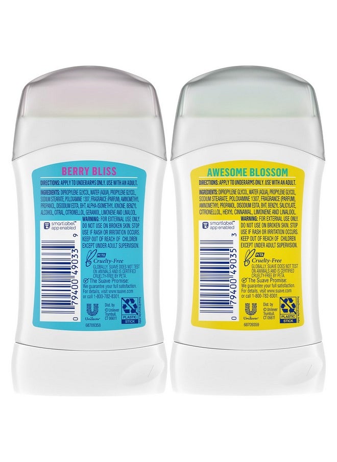 Suave Aluminum-Free Deodorant, Kids & Teen Girls - Fresh Vibes Berry Bliss & Awesome Blossom, 48H Protection, 1.2 Oz Ea