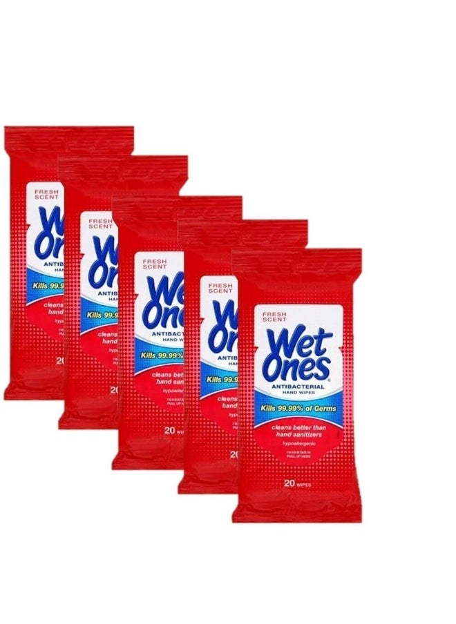 Wet Ones Wipes for Hands & Face, 20 Count Travel Pack (Pack of 5) 100 Wipes Total (Anti Bacterial)