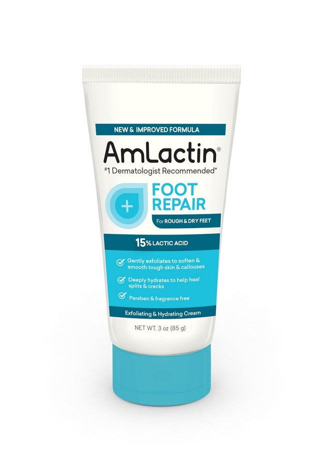 AmLactin Foot Repair Cream - 3 oz Foot Cream for Dry Cracked Heels with 15% Lactic Acid - Exfoliator and Moisturizer for Dry Skin & Foot Care (Packaging May Vary)