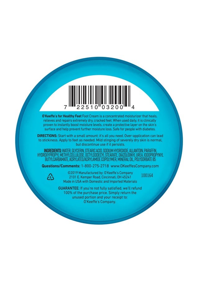 O'Keeffe's for Healthy Feet Foot Cream; Guaranteed Relief for Extremely Dry; Cracked Feet; Instantly Boosts Moisture Levels; 3.2 Ounce Jar; (Pack of 2)