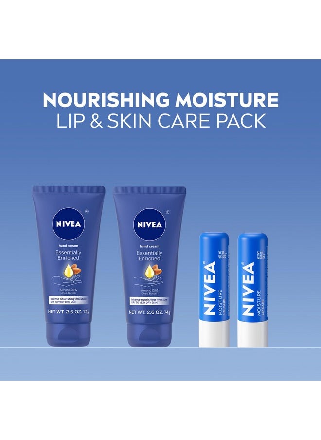 NIVEA Moisturizing Must-Haves Skin Care Set, Essentially Enriched Hand Cream with Almond Oil and Shea Butter, 2.6 Oz Tube (Pack of 2) + Moisture Lip Care Lip Balm, 0.17 Oz Stick (Pack of 2)