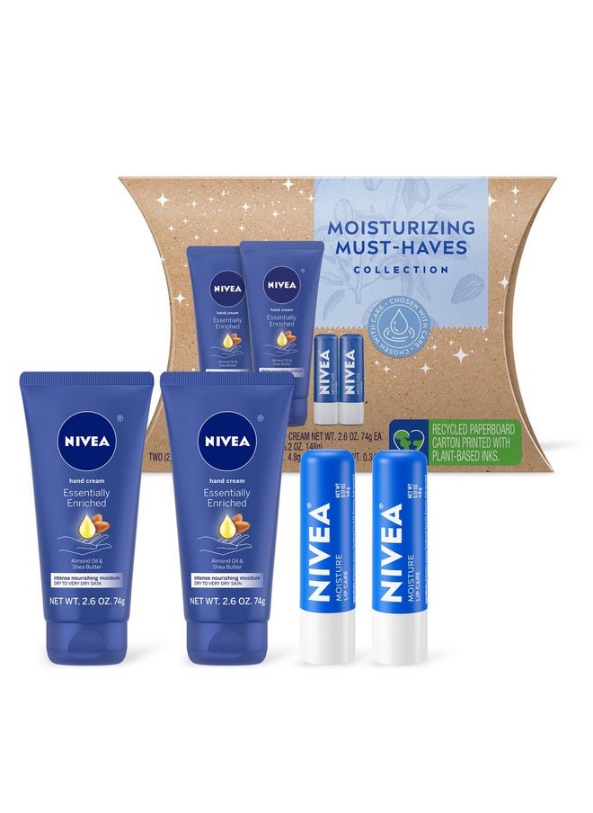 NIVEA Moisturizing Must-Haves Skin Care Set, Essentially Enriched Hand Cream with Almond Oil and Shea Butter, 2.6 Oz Tube (Pack of 2) + Moisture Lip Care Lip Balm, 0.17 Oz Stick (Pack of 2)