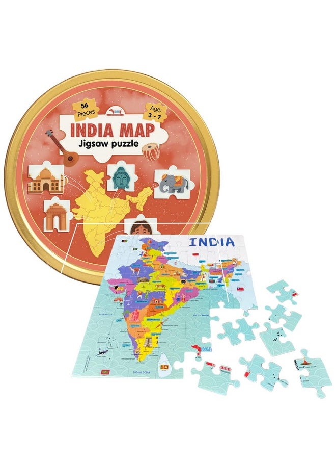 CocoMoco Kids India Map Jigsaw Puzzle For Kids, Toddlers - 56 Pieces Puzzle With States, Dances, Monuments And More, Educational Toy Birthday Return Gift For 2-7 Years By Cocomoco