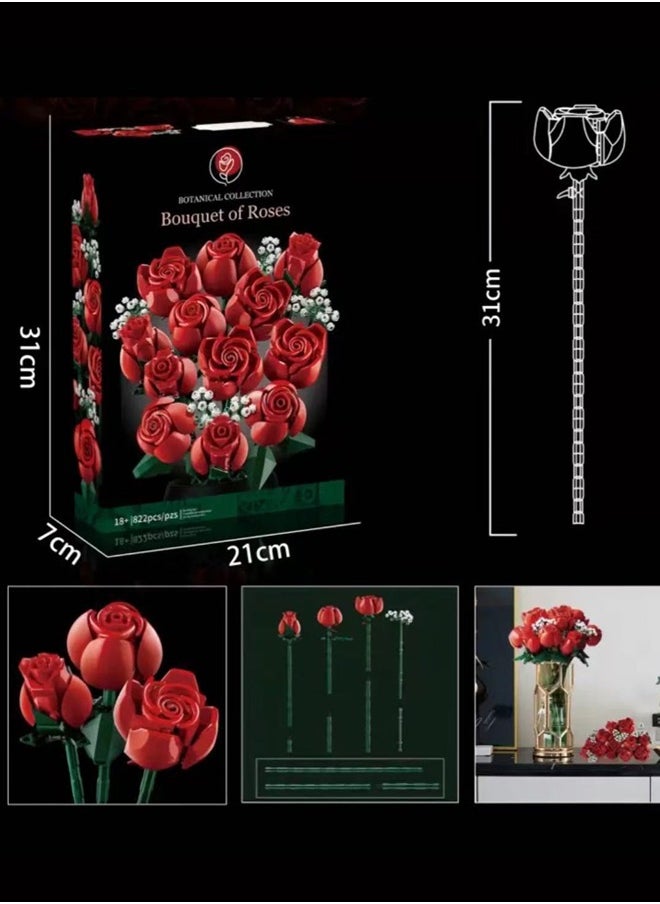 968PC Romantic Rose Flower Bouquet Building Blocks Creative Home Desk Plant Decoration Assemble Bricks Toys For Gifts Girls Lady