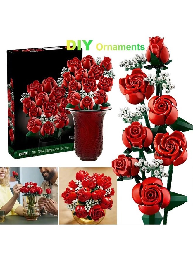 968PC Romantic Rose Flower Bouquet Building Blocks Creative Home Desk Plant Decoration Assemble Bricks Toys For Gifts Girls Lady