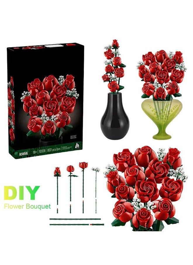 968PC Romantic Rose Flower Bouquet Building Blocks Creative Home Desk Plant Decoration Assemble Bricks Toys For Gifts Girls Lady