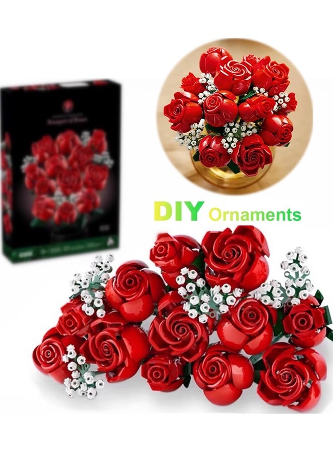 968PC Romantic Rose Flower Bouquet Building Blocks Creative Home Desk Plant Decoration Assemble Bricks Toys For Gifts Girls Lady