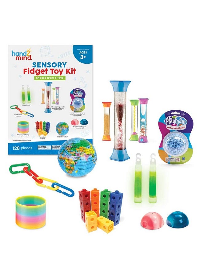 hand2mind Sensory Fidget Toy Kit, Play Therapy Toys, Fidget Tube, Mini Glow Sticks, Play Foam, Stress Ball, Anxiety Sensory Items, Occupational Therapy Toys, Calm Down Corner Supplies (128 Pieces)