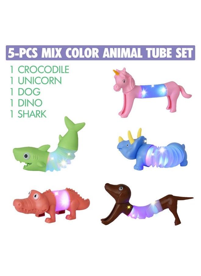 Boxgear 5-Pack LED Pop Tubes Mixed Animal Fidget Toys - Sensory Tubes for Toddlers - Cute Animal Sensory Fidget Toys for Girls and Boys - Stress-Relief Pop Sound Spring Toddler Sensory Toys