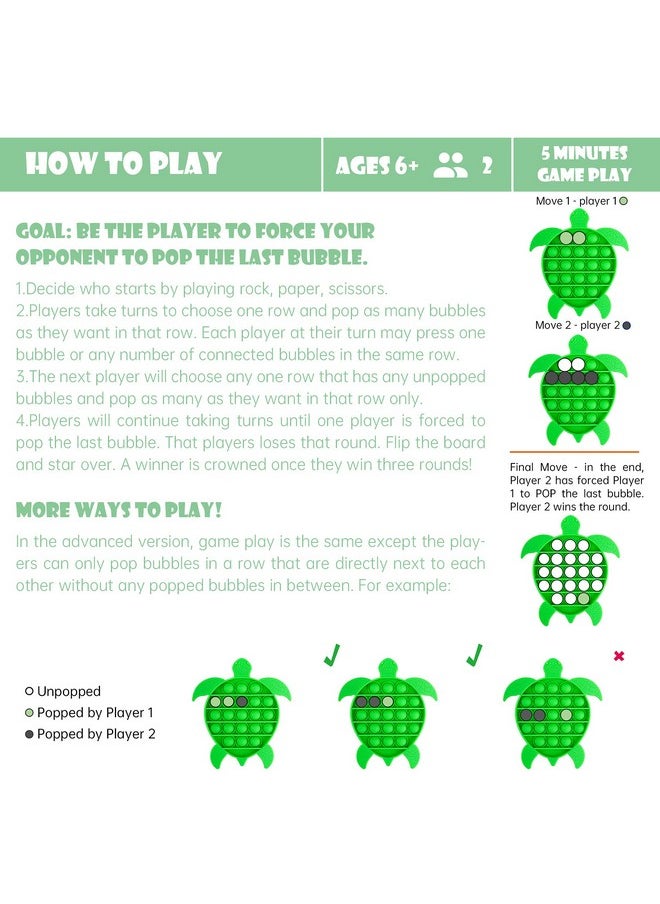 NiHealth Push Pop Bubble Fidget Sensory Toy Sea Turtle Shaped Fidget Toy for Special Needs Stress Reducer Anxiety Relief Popper Game Board Silicone Squeeze Toy for Kids and Adults (Green)