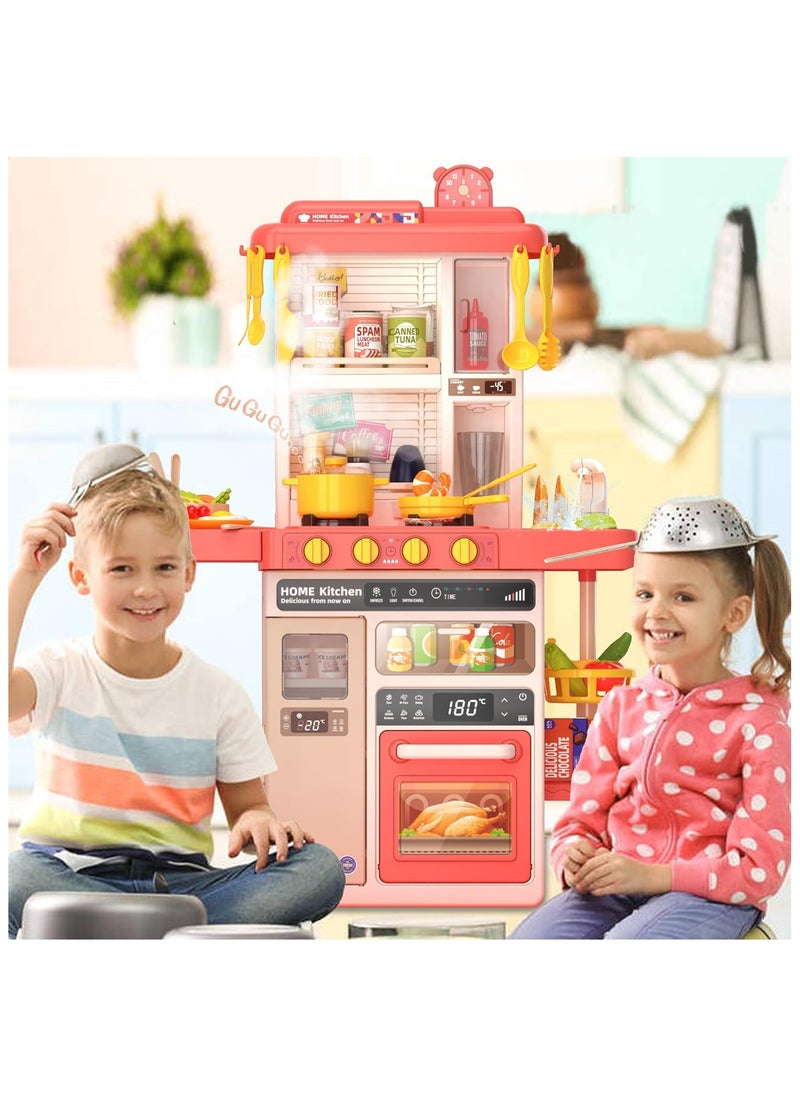 Kids Kitchen Play Set，Interactive Kids Kitchen Play Set with 50Pcs of Pretend Kitchen Toys，Realistic Sound Effects，and Simulated Functionality - Suitable for Toddlers Aged 3-12 Years(Pink)