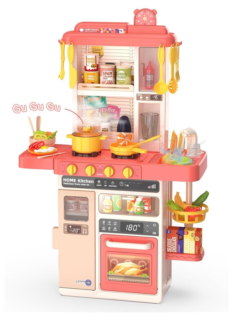 Kids Kitchen Play Set，Interactive Kids Kitchen Play Set with 50Pcs of Pretend Kitchen Toys，Realistic Sound Effects，and Simulated Functionality - Suitable for Toddlers Aged 3-12 Years(Pink)