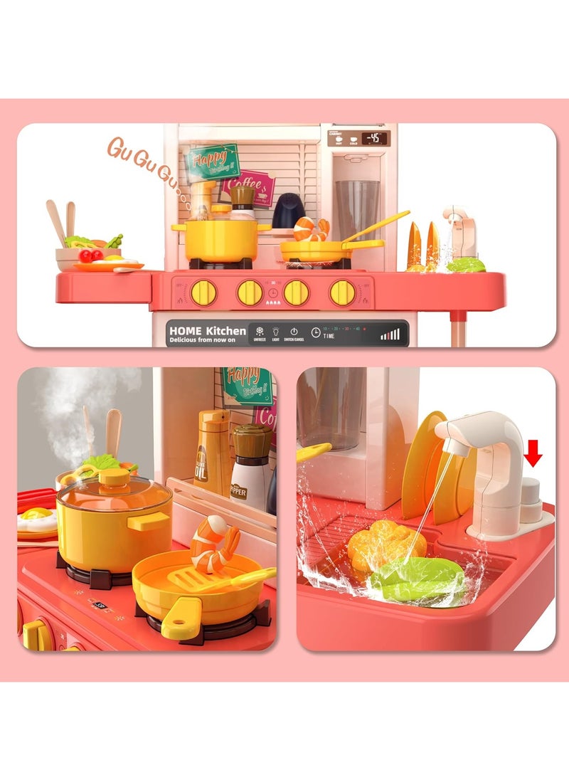 Kids Kitchen Play Set，Interactive Kids Kitchen Play Set with 50Pcs of Pretend Kitchen Toys，Realistic Sound Effects，and Simulated Functionality - Suitable for Toddlers Aged 3-12 Years(Pink)