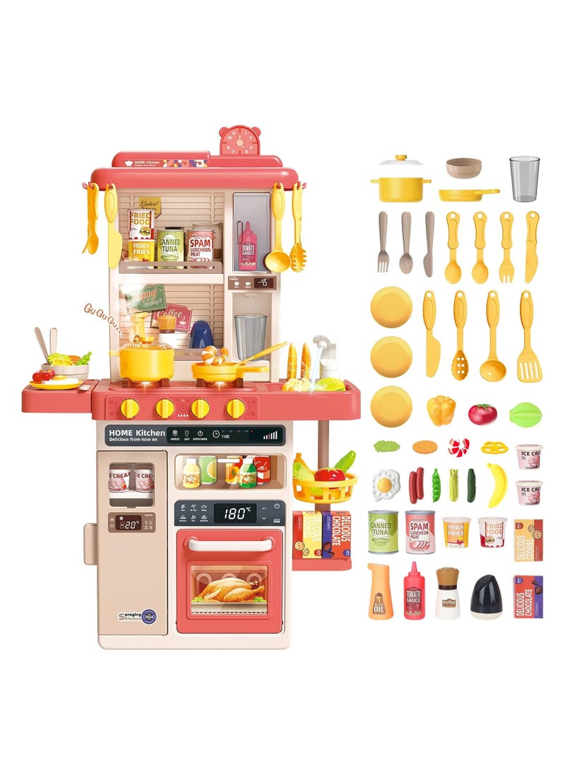 Kids Kitchen Play Set，Interactive Kids Kitchen Play Set with 50Pcs of Pretend Kitchen Toys，Realistic Sound Effects，and Simulated Functionality - Suitable for Toddlers Aged 3-12 Years(Pink)