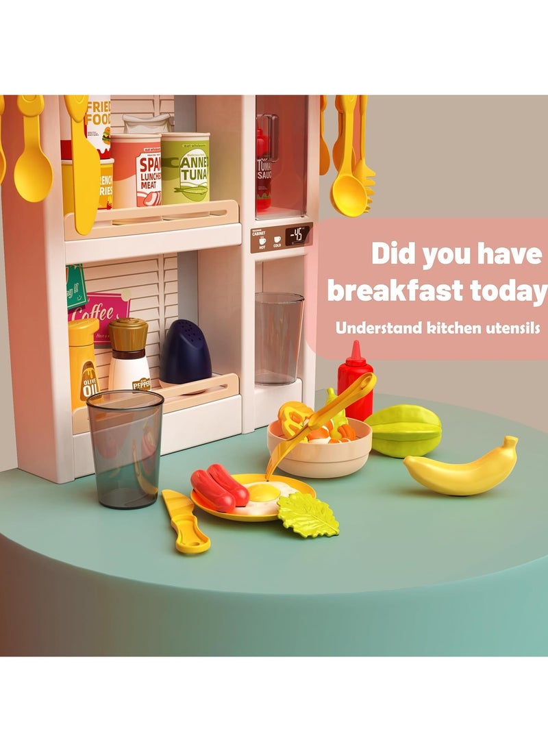 Kids Kitchen Play Set，Interactive Kids Kitchen Play Set with 50Pcs of Pretend Kitchen Toys，Realistic Sound Effects，and Simulated Functionality - Suitable for Toddlers Aged 3-12 Years(Pink)