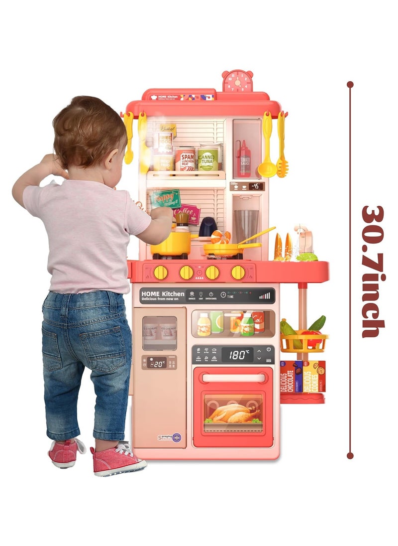 Kids Kitchen Play Set，Interactive Kids Kitchen Play Set with 50Pcs of Pretend Kitchen Toys，Realistic Sound Effects，and Simulated Functionality - Suitable for Toddlers Aged 3-12 Years(Pink)