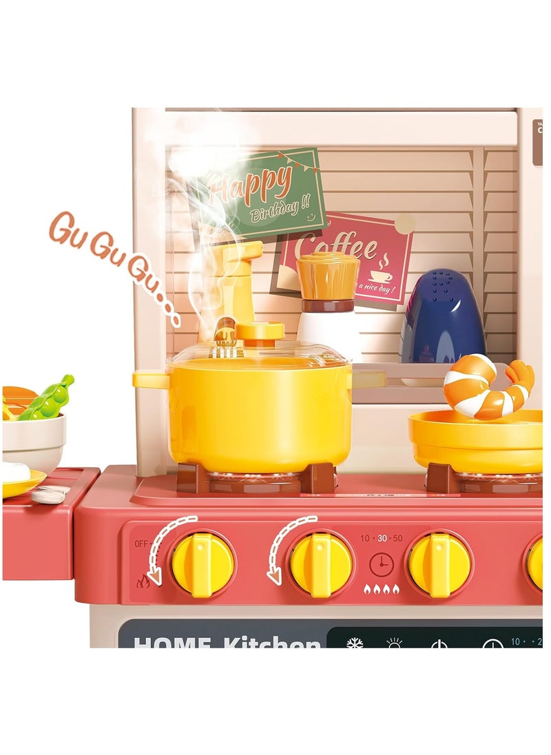 Kids Kitchen Play Set，Interactive Kids Kitchen Play Set with 50Pcs of Pretend Kitchen Toys，Realistic Sound Effects，and Simulated Functionality - Suitable for Toddlers Aged 3-12 Years(Pink)