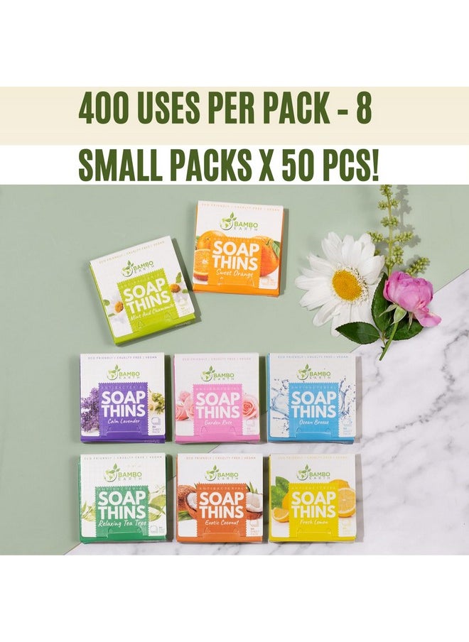 400 Sheets Antibacterial Paper Soap Strips For Hand Washing - 8 Pack Portable Disinfecting Pocket Travel Soap Thins Dissolvable & Disposable Camping Mini Size Dry SoapSheets For Hands (Variety 8x50)