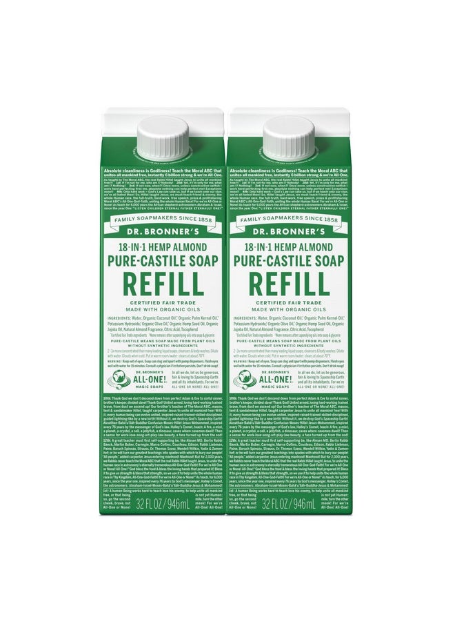 Dr. Bronner's Pure-Castile Liquid Soap Refill (Almond 32oz, Pack of 2)