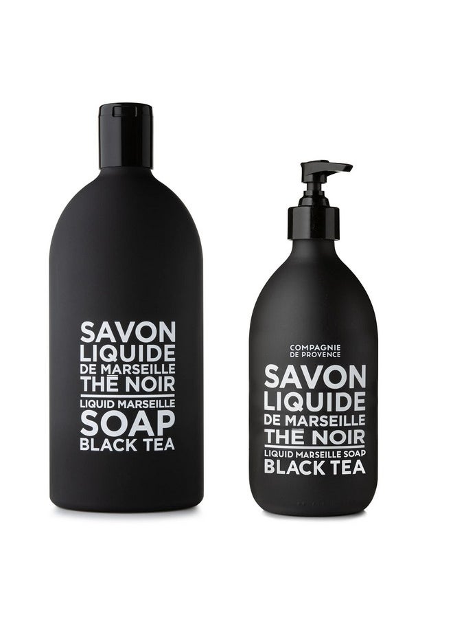 Compagnie de Provence Savon de Marseille Extra Pure Liquid Soap - Black Tea - 16.9 Fl Oz Glass Pump Bottle and 33.8 fl oz Plastic Bottle Refill