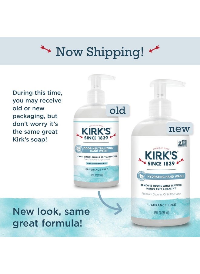 Kirk's Hydrating Hand Wash - Made with Premium Coconut Oil and Aloe Vera, With Plant Based Technology To Help Eliminate Odors, Non GMO, Vegan, Fragrance Free, 12 Fl Oz. 4 pack
