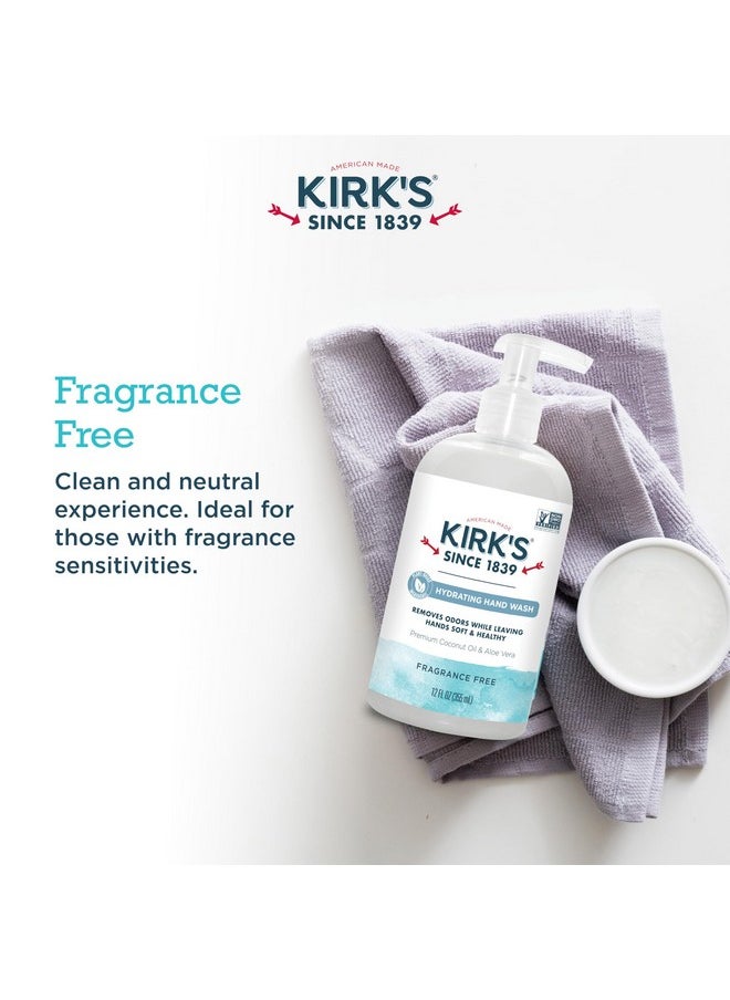 Kirk's Hydrating Hand Wash - Made with Premium Coconut Oil and Aloe Vera, With Plant Based Technology To Help Eliminate Odors, Non GMO, Vegan, Fragrance Free, 12 Fl Oz. 4 pack