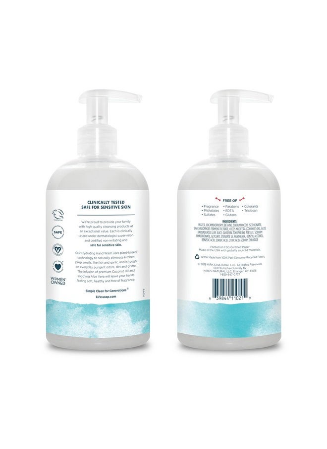 Kirk's Hydrating Hand Wash - Made with Premium Coconut Oil and Aloe Vera, With Plant Based Technology To Help Eliminate Odors, Non GMO, Vegan, Fragrance Free, 12 Fl Oz. 4 pack