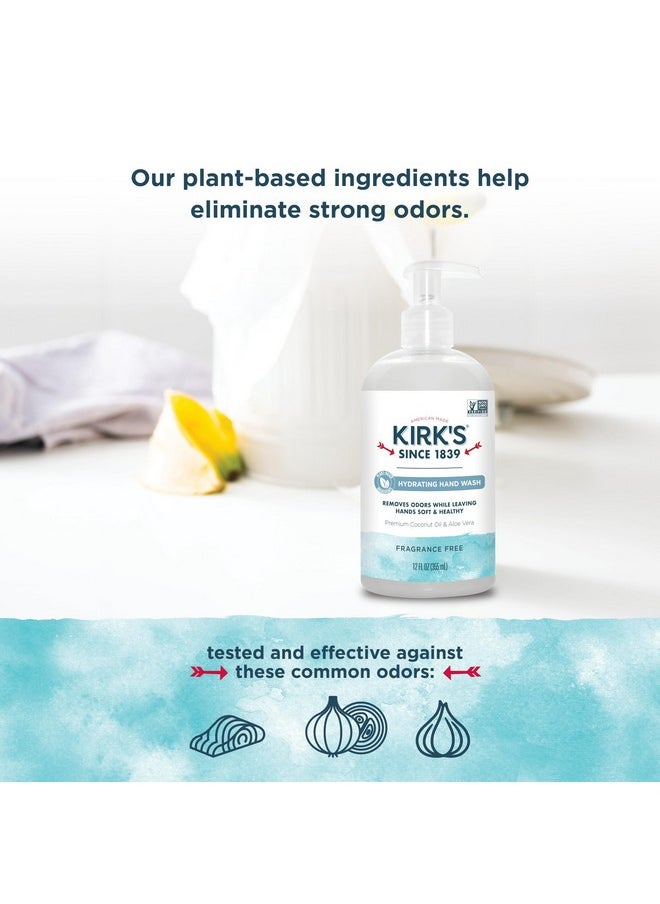 Kirk's Hydrating Hand Wash - Made with Premium Coconut Oil and Aloe Vera, With Plant Based Technology To Help Eliminate Odors, Non GMO, Vegan, Fragrance Free, 12 Fl Oz. 4 pack