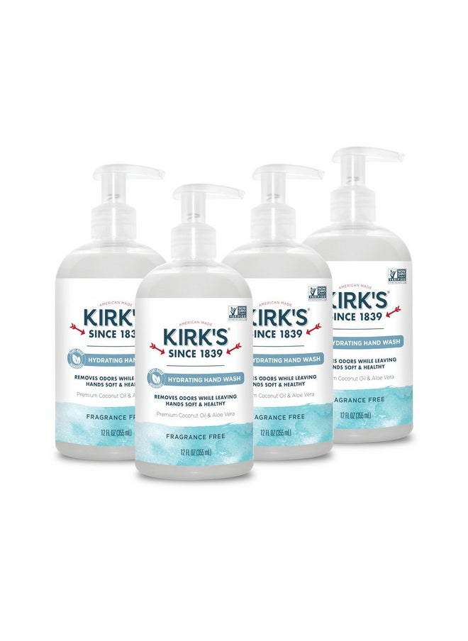 Kirk's Hydrating Hand Wash - Made with Premium Coconut Oil and Aloe Vera, With Plant Based Technology To Help Eliminate Odors, Non GMO, Vegan, Fragrance Free, 12 Fl Oz. 4 pack