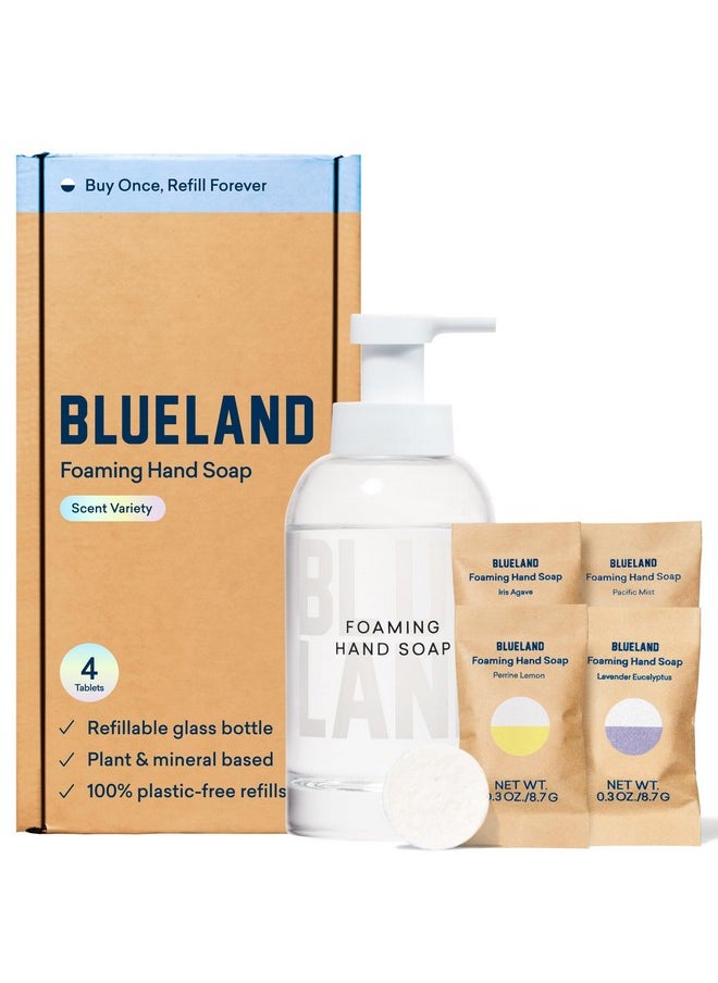 BLUELAND Hand Soap Starter Set - 1 Refillable Glass Foaming Hand Soap Container + 4 Tablets Refills, Variety Scents, Eco-Friendly Products & Cleaning Supplies,4 x 9 Fl oz Bottles (36 Fl oz Total)