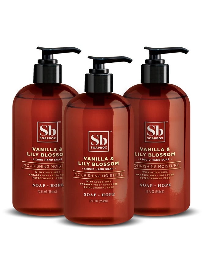 Soapbox Liquid Hand Soap, Vanilla & Lily Blossom - Gentle, Moisturizing Hand Cleanser, Vegan, Cruelty Free Hand Soap for Bathroom and Kitchen, 12oz Pump Bottles (Pack of 3)