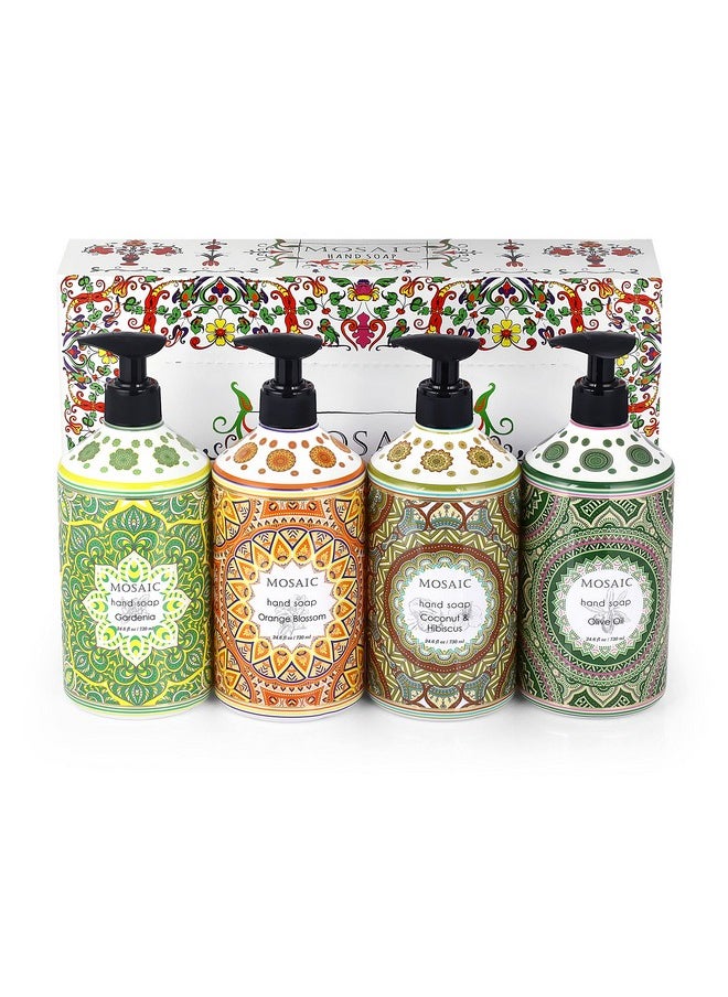Mosaic Liquid Hand Soap / Wash Gift Set, Ideal Bathroom Kitchen Hand Soap Set , Olive Oil + Coconut & Hibiscus + Gardenia + Orange Blossom, 4 x 24.6 fl oz Each Liquid Soap Bottle