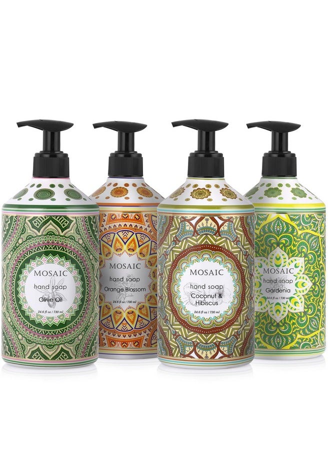 Mosaic Liquid Hand Soap / Wash Gift Set, Ideal Bathroom Kitchen Hand Soap Set , Olive Oil + Coconut & Hibiscus + Gardenia + Orange Blossom, 4 x 24.6 fl oz Each Liquid Soap Bottle
