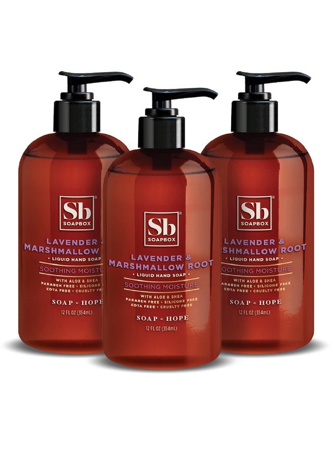 Soapbox Liquid Hand Soap, Lavender & Marshmallow Root - Gentle, Moisturizing Hand Cleanser, Vegan & Cruelty Free Hand Wash for Kitchen and Bathroom, 12oz Pump Bottles (Pack of 3)