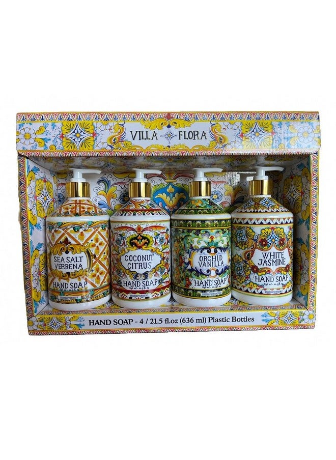 Home and Body Company Hand Soap Villa Flora Collection 16 FL/473ml Bottles infused with Essential Oils (SET OF 4) Sea Salt Verbena, Coconut Citrus, Orchid Vanilla, and White Jasmine