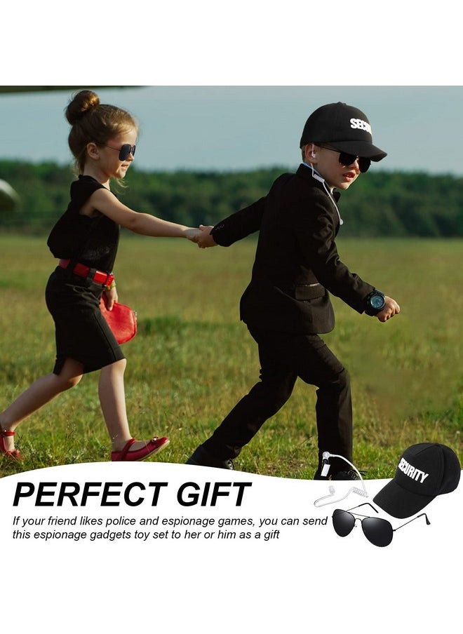 Harrycle 6 Pcs Playing Cosplay Toy Secret Service Dress up Includes Earplugs Acoustic Tube Headset Sunglasses and Black Security Hat for Teens Boys Playing Cosplay Costume Party Accessory Kit