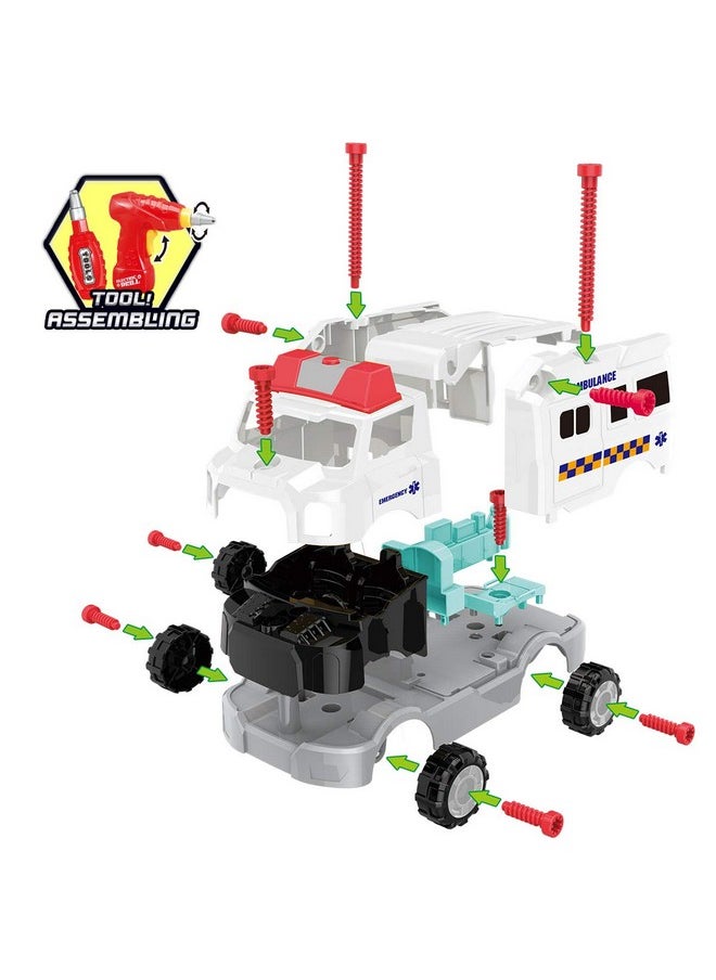 REMOKING Learning Take Apart Toy, Build Your Own Car Toy Ambulance Educational Playset with Tools and Power Drill, DIY Assembly Car Gifts for Kids with Realistic Sounds & Lights (3+ Ages)