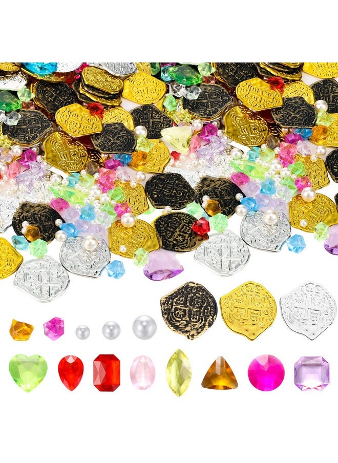 Hanaive 319 Pcs Pirate Treasure Pirate Gold Fake Coins Plastic Pirate Gems and Jewels Playset Pirate Party Decor Treasure for Pirates Themed Adventures Summer Pool Party Coins (Irregular)