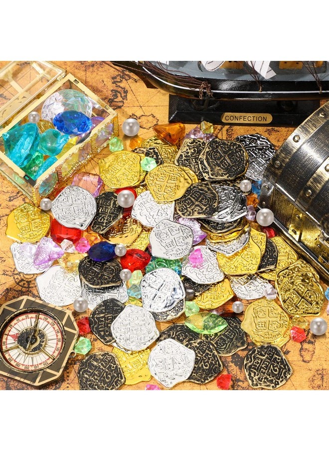 Hanaive 319 Pcs Pirate Treasure Pirate Gold Fake Coins Plastic Pirate Gems and Jewels Playset Pirate Party Decor Treasure for Pirates Themed Adventures Summer Pool Party Coins (Irregular)