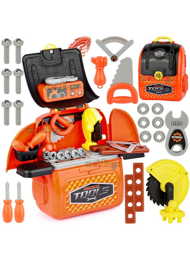 Zest 4 Toyz 2 in 1 DIY Deluxe Tool Set Toy with Portable Backpack Role Play Toy Set with Accessories - 28 Pcs (Orange)