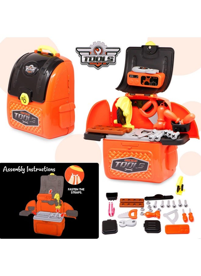 Zest 4 Toyz 2 in 1 DIY Deluxe Tool Set Toy with Portable Backpack Role Play Toy Set with Accessories - 28 Pcs (Orange)