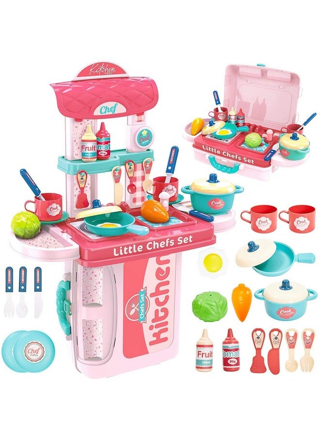 Toyshine Plastic 3 in 1 Carry Along 19 Pcs Kitchen Toy Set, Multi-Color Pretend Play Cooking Set for Kids Girls Boys Toddler Baby Gift Khilona