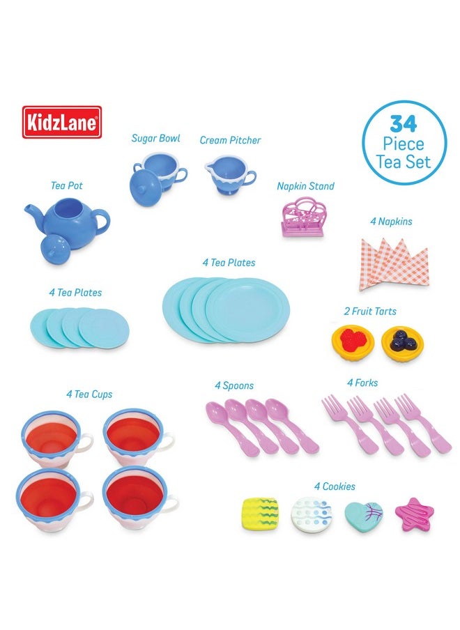 Kidzlane Play Tea Set for Little Girls - Kids Tea Party Set with Water Activated Color Changing Tea Cups and Cookies - 34 Piece Tea Party Set for Little Girls - Toy Tea Set - Dishwasher Safe Plastic