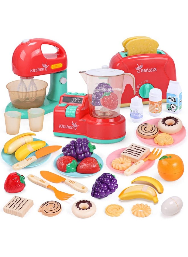 CUTE STONE Toy Kitchen Appliances Playset, Kids Kitchen Toy Mixer and Blender with Sound & Lights, Play Toaster, Cutting Play Food, Toddler Play Kitchen Accessories Set for Boys Girls